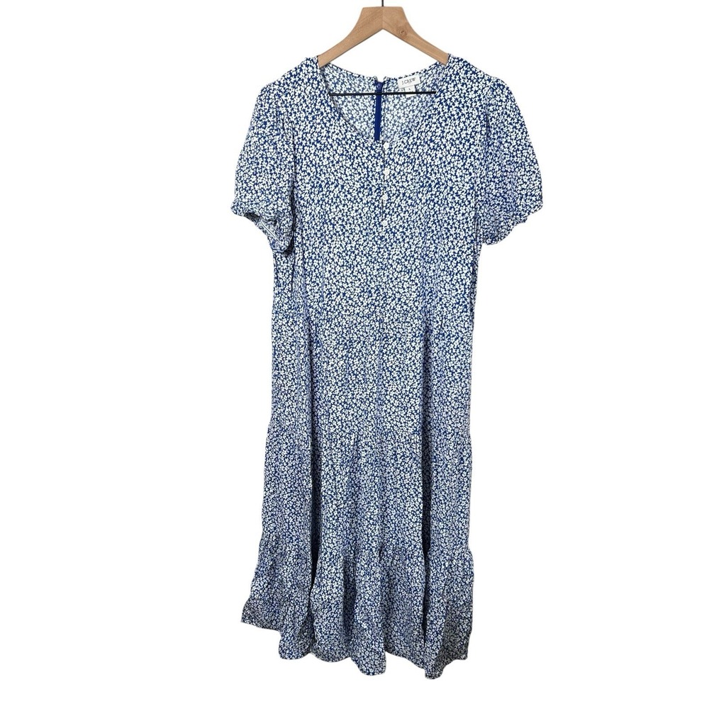 J.Crew Womens Large Blue White Floral Short Sleeve Tiered Midi Dress Cottagecore